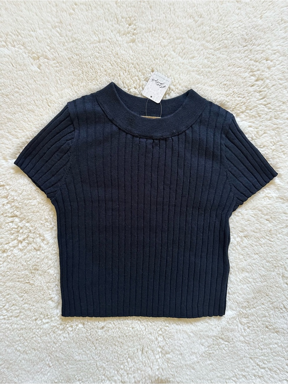 Free People Ribbed Baby Cropped Knit Top - Black Small NWT